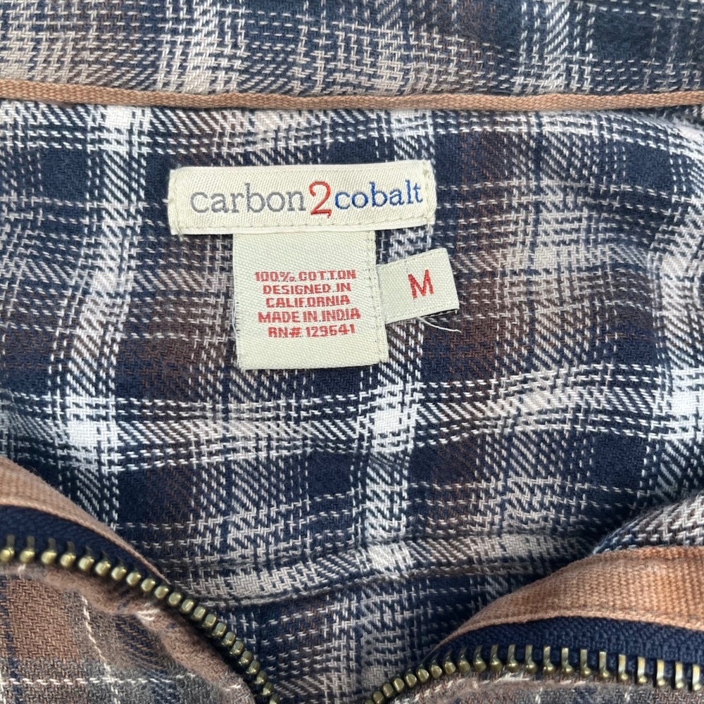 Carbon2Cobalt Mens Brown Blue Plaid Full Zip Flannel Shirt Jacket Size M Cotton - Picture 3 of 9